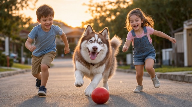 Raw generation — kids and husky, golden hour